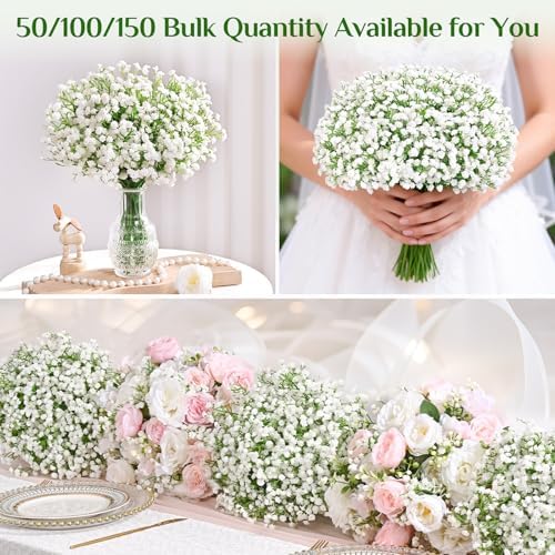 50 Pcs Baby Breath Flowers Artificial Bulk, White Babys Breath Fake Flowers