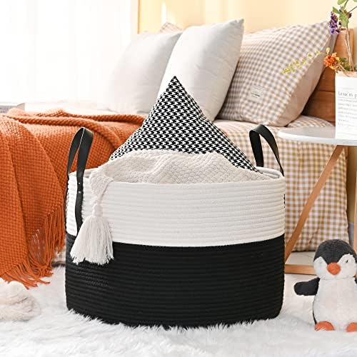 KAKAMAY Large Blanket Basket (20"x13"),Woven Baskets for storage Baby Laundry Hamper, Cotton Rope Blanket Basket for