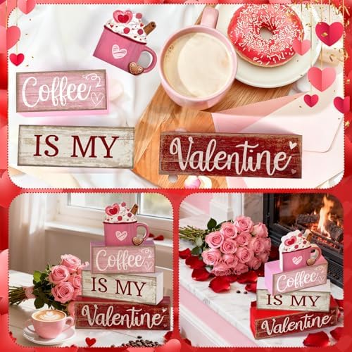 Lineshading 4 Pcs Valentine Coffee Wood Block Signs, Tiered Tray Decor