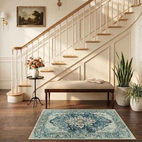 RELEANY Washable Area Rug, Small 2'6"x4', Blue/Vintage Dark Blue