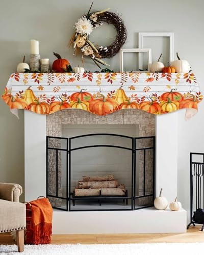 Fall Mantel Scarf for Fireplace, Red Orange Pumpkin Leaf Farmhouse Wood Plank Fireplace Cover Decorations Indoor Thanksgiving Mantel Top Scarf Runner for Seasonal Autumn Holiday Party, 17 x 70 Inch