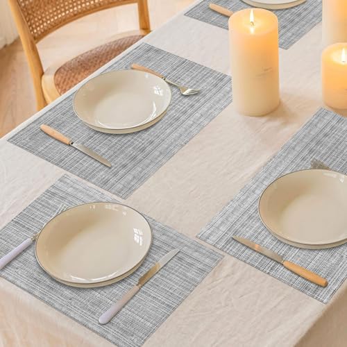 Niviy Grey Placemats Set of 4, 12x18 Inch Washable Easy to Clean Heat-Resistant Anti-Skid Grey Placemats for Holiday Party Kitchen Dining Room Decoration