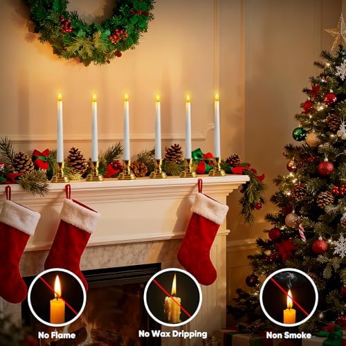 6 Pcs Window Candles with Gold Holders, Flameless Taper Candles with Remote and Timer, White LED Christmas Candle for Home Window Holiday Xmas Decor