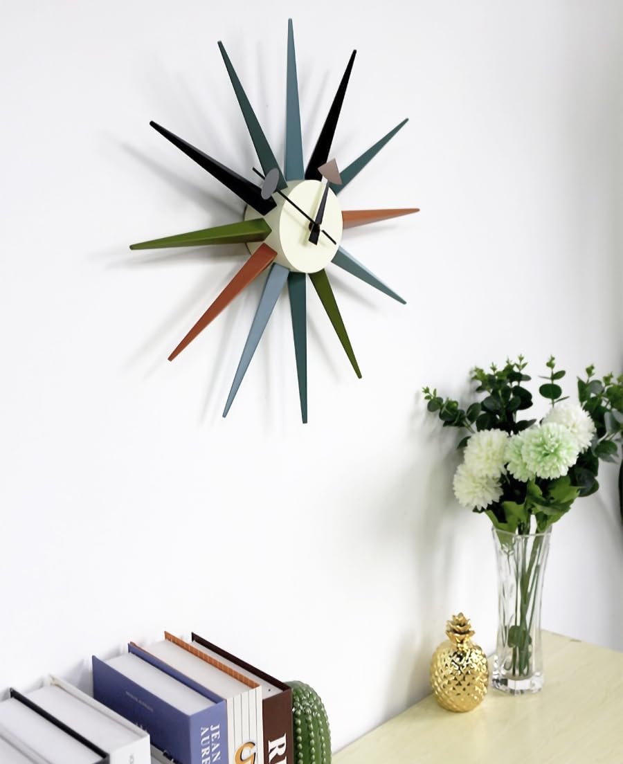 Large Sunburst Wall Clock 18 Inch, Mid Century Modern | Battery Operated, Silent Non-Ticking Quartz, Multicolor Solid