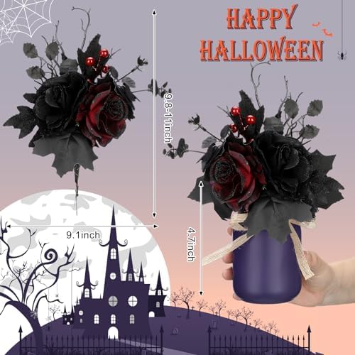 Gejoy 3 Pcs Halloween Table Decor Set Mason Jar with Artificial Flower Black Red Table Centerpieces Faux Flowers with Vases for Halloween Floral Arrangements Home Decorations
