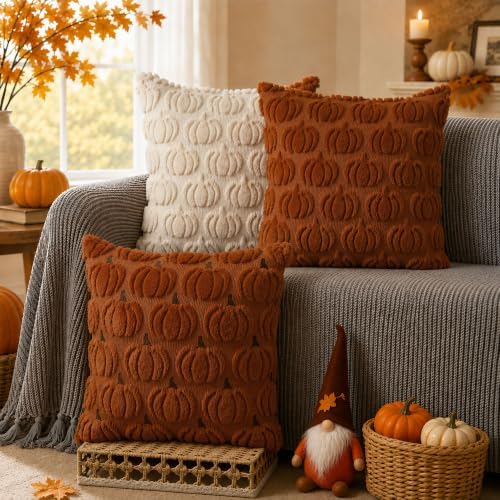 DFXSZ Fall Pillow Covers 18x18 2Pcs Rust Beige Pumpkin Fall Decorations