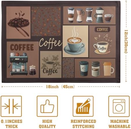 Coffee Theme Placemats Set of 4 Farmhouse Style Brown Linen Fabric Table Mat 12x18 Inch Washable Heat Resistant Non-Slip Place Mats for Home Party Kitchen Dining Decor
