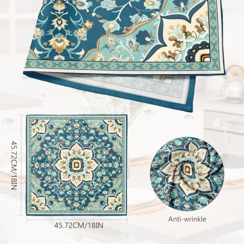 Teal Boho Floral Print Dinner Cloth Napkins Set of 4, 18 x 18 Inch Washable Reusable Fabric Napkins, Gifts for Bohemian Style Lovers, Wedding Bridal Shower Dinner Party Table Decor