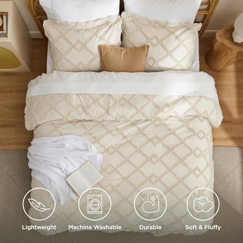 Bedsure Boho Comforter Set King - Beige Tufted King Size Comforter, 3 Pieces Farmhouse-Style Embroidery Bed Set, Soft