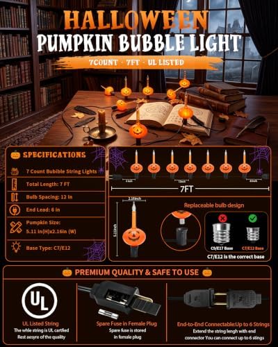 7FT Vintage Halloween Pumpkin Bubble Lights with 7 Bulbs