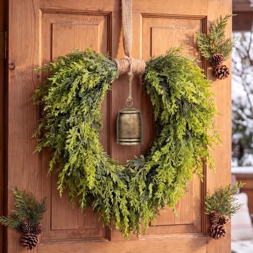 Suncalla Christmas Norfolk Pine Wreath for Front Door with Rustic Bell