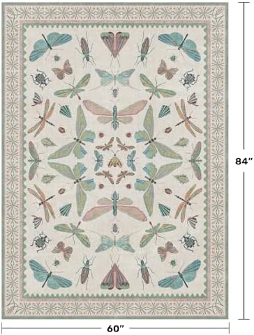 5x7 Pink and Green Nursery Rug - Colorful Rug for Playroom, Bedroom, Living Room, Insect Butterfly Floral Non-Slip Soft