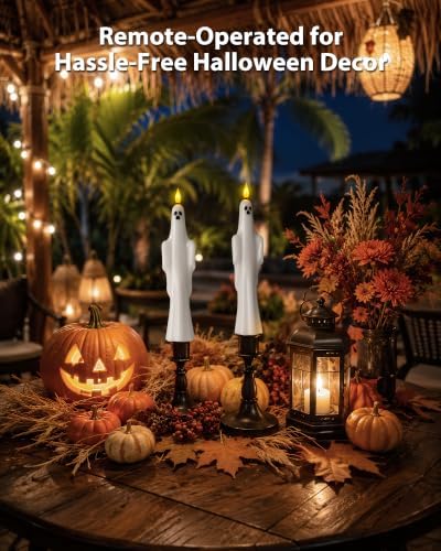 Homemory 6 Pcs Real Wax Ghost Flameless Taper Candles, 3D Wick Flickering Led Candlesticks 9.6 Inch Battery Operated with Remote & Timer, Spooky Halloween Gothic Indoor Decor