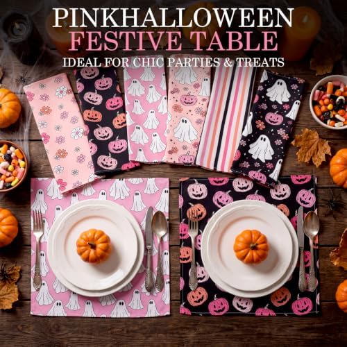 Mixweer 24 Pack Halloween Cloth Napkins, Pink Ghost Pumpkin, 15 Inch