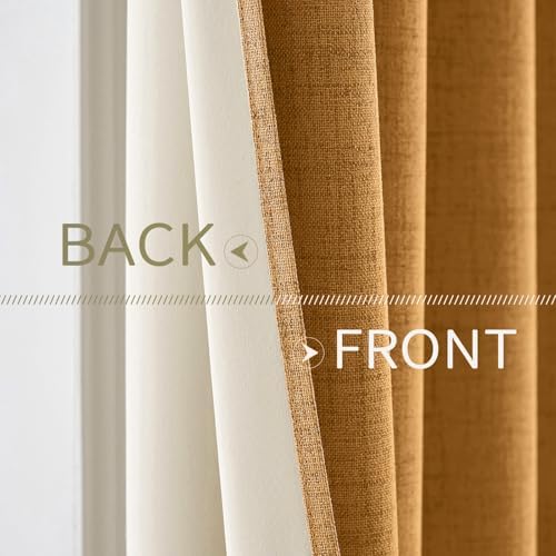MIULEE 100% Blackout Linen Curtains for Bedroom 52x108 Inch Mustard Yellow
