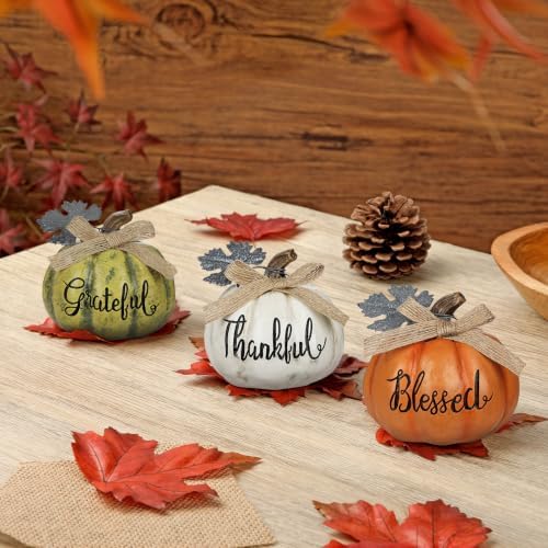 DILATATA Fall Pumpkins Decoration 3Pcs Resin Pumpkins Thanksgiving Fake Pumpkin Figurines Mini Carved Pumpkin for Home Harvest Halloween Thanksgiving Rustic Farmhouse Table Centerpiece Shelf Mantel