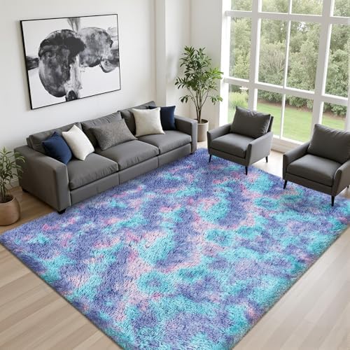 9x12 Area Rug Living Room Bedroom Fluffy Plush Shag Carpet Rainbow