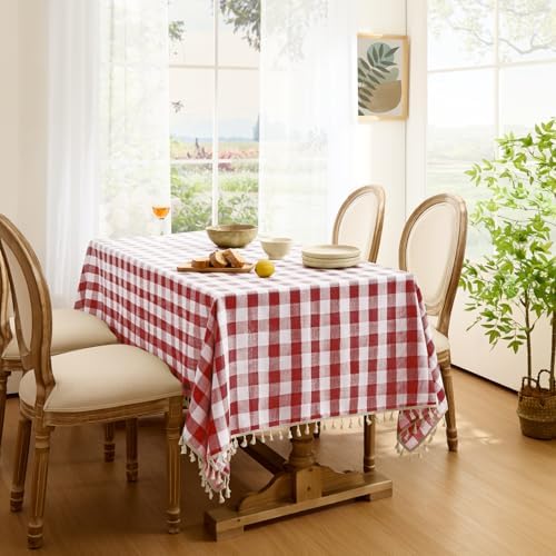 Softalker Gingham Square Tablecloth with Tassel, Red, 55" x 55"