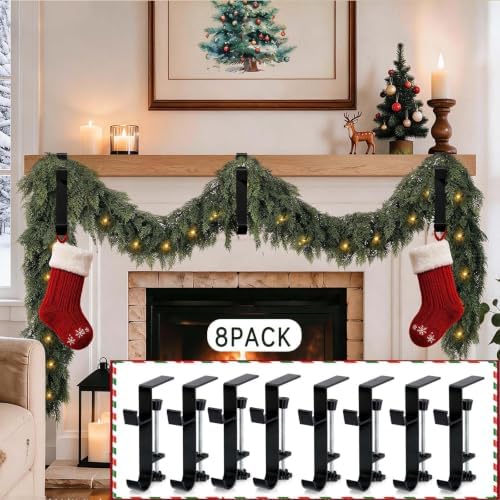 HMASYO 2-in-1 Christmas Garland & Stocking Holders for Mantle, Adjustable Low-Profile Fireplace Hangers with Dual Hooks, Metal Stocking Hooks for Garland, Fits 0.5”-3.4”Mantels (Black, Set of 8)