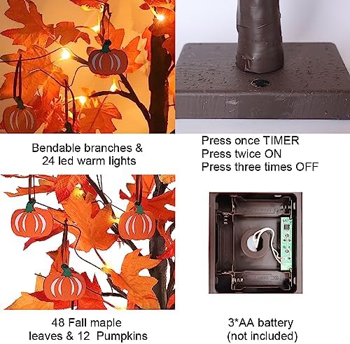 hogardeck Fall Decorations for Home, Thanksgiving Decorations, 24”2FT Lighted Maple Leaves Tree with 24 LEDs & 12 Wood
