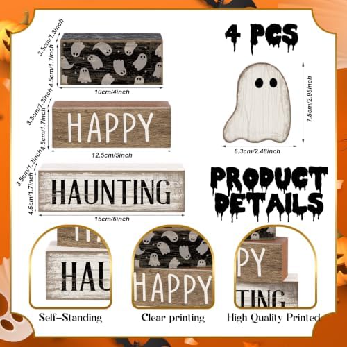 Lineshading 4 Pcs Happy Haunting Wood Blocks, Halloween Farmhouse Decor
