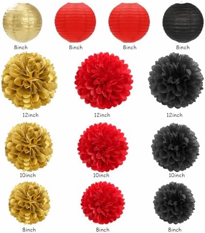 Red-Black Gold Casino Theme Party-Decorations - 20pcs Game Night Paper Lanterns Fans,Tissue Pom Poms,Honeycomb Balls,Bunting,Birthday Graduation Wedding Bridal Baby Shower Decor Burgleda