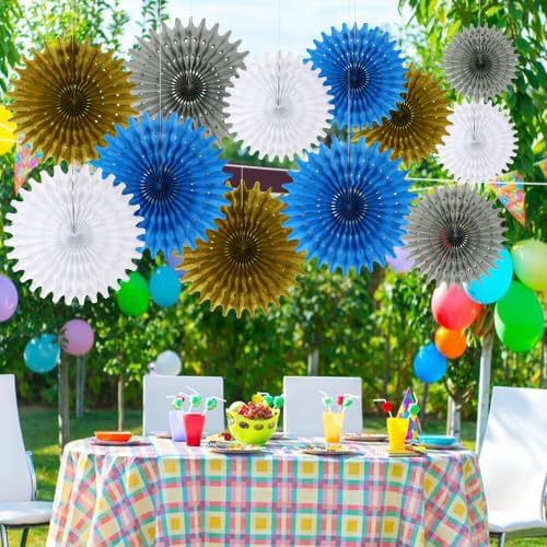 BestoFun 12PCS Blue Gold Silver Hanging Honeycomb Paper Fans Decoration Set for New Year Graduation Birthday Wedding Bachelorette Baby Shower Backdrops Anniversary Paper Party Supplies