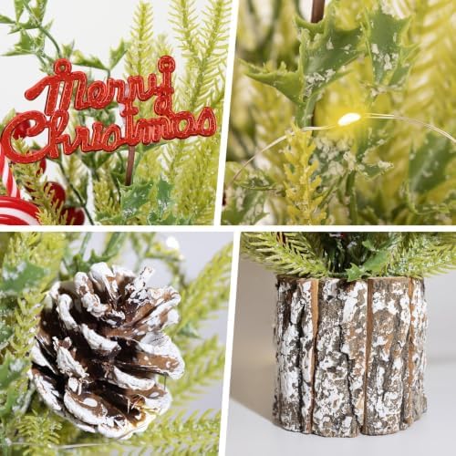 Small Table Top Christmas Tree with Lights, Mini Christmas Tree Decorations with Merry Christmas Candy Canes Pine Cones Berries Balls Ornaments for Home Party Centerpiece Decor, 12Inch, Green
