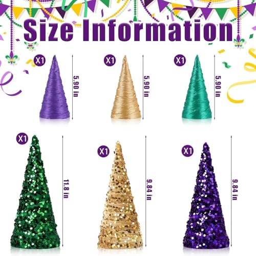 6 Pcs 12" 10" 6" Mardi Gras Table Centerpieces Mardi Gras Tiered Tray Signs Cone Tree Ornament Gold Green Purple Table Tree Decor for Mardi Gras Carnival Party Supplies and Decors