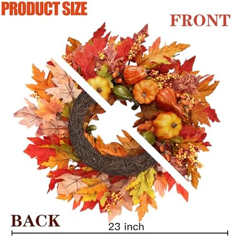 Sggvecsy Fall Wreath 23’’ Artificial Autumn Front Door Wreath with Large Pumpkins Clusters of Berries Maple Leaves Acorn for Outside Indoor Wall Window Festival Thanksgiving Harvest Fall Decor