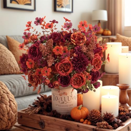 Mixed 8pcs Fall Artificial Peony Hydrangea Bouquet, Coffee Brown Silk Faux Flower, Autumn Faux Floral Arrangements for Wedding Table Thanksgiving Outdoor Planters Porch Patio Garden Yard