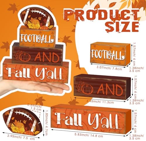 4 Pcs Fall Football Table Decor Football Wooden Blocks Signs with Sayings