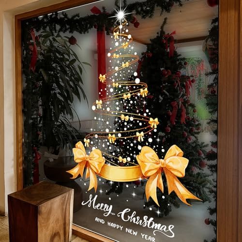 2 Sheets Golden Christmas Tree Window Clings Stickers for Glass