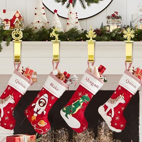 Komotu 4 Pcs Christmas Stocking Holders for Mantle, Upgrade Stable Lightweight Metal Stocking Holder No-Slip Stocking Hangers for Mantle, Mantel Stocking Holders Clip for Xmas Party Decoration (Gold)