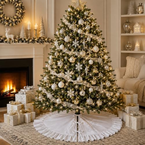 Velvet Christmas Tree Skirt White 36 inch Ruffled Holiday Tree Skirt for Rustic Xmas Tree Decoration