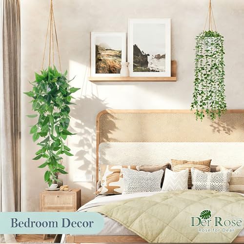 Der Rose 4Pcs Fake Hanging Plants with White Pots for Bright Shelf Decor