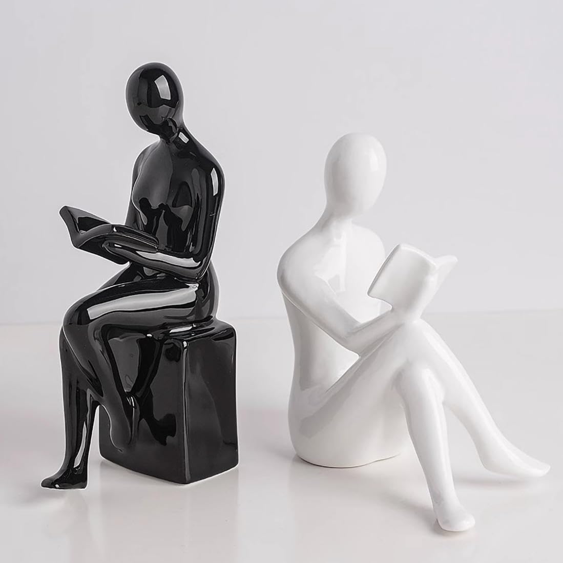 Modern Decorative Ceramic Reading Figure Bookends / Black+ White