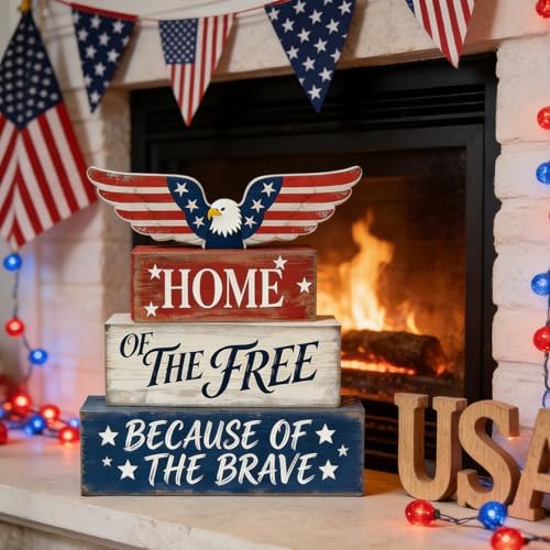 4th of July Table Decorations Patriotic Memorial Day Tiered Tray Decor Wooden Eagle Block Signs Independence Farmhouse 250th July Fouth Centerpiece for Tables Wooden Sign for Home Decor