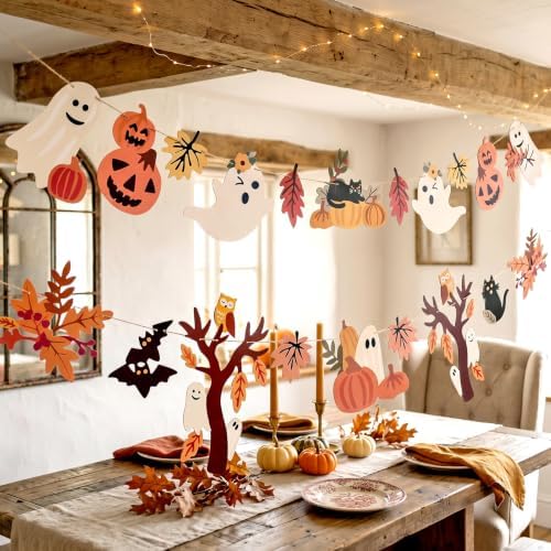 Halloween Fall Decorations - 2PCS Cute Little Ghost and Pumpkin Maple Leaves Paper Banner Bunting