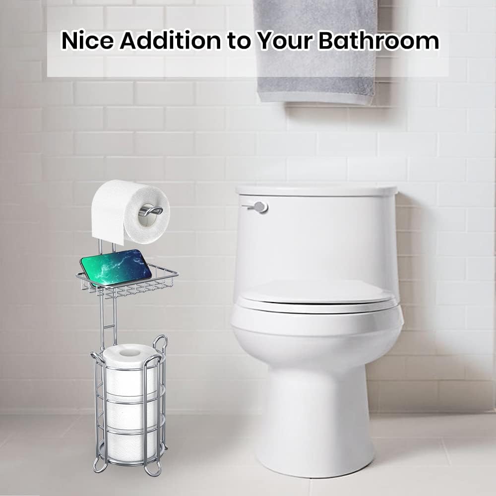 Chrome Toilet Paper Holder Stand Tissue Holder for Bathroom with Shelf Storage Holds 4 Mega Rolls Phone and Wipes