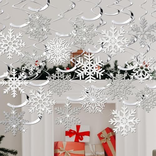 Snowflake Decorations, Christmas Hanging Decor, White Silver, 30-Pc