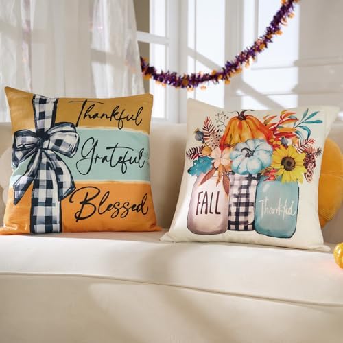 Hongsome Fall Decorations for Home-Throw Pillow Covers 18x18 in Set of 4,Pumpkin Linen Pillow Case for Thanksgiving Couch Autumn Holiday Outdoor Burnt Orange Blue White Decor