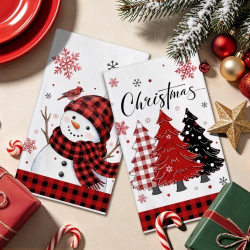 Hexagram Christmas Kitchen Towels, Red Plaid Snowman Christmas Decorations
