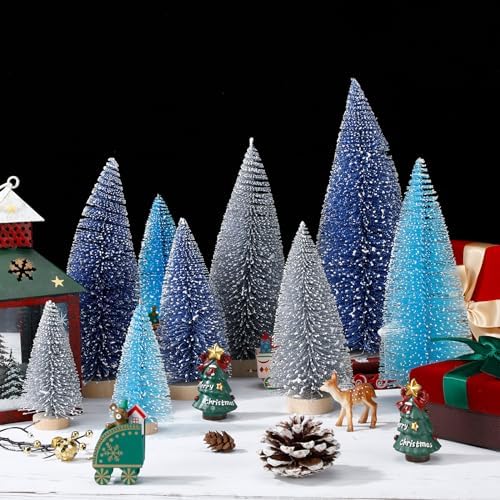 Leyndo 9 Pcs Blue Classic Artificial Mini Christmas Tree with Wood Base