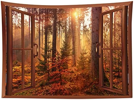 HVEST Fall Tapestry Autumn Maple Tree Forest Scenery outside Window Tapestry for Bedroom, Rustic Thanksgiving Wall Art for Living Room Dorm Holiday Wall Decor, 59W X 51H Inches