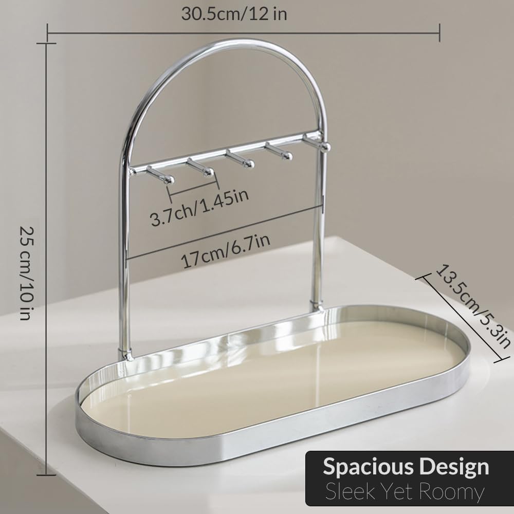 Metal Jewelry Organizer Stand & Key Holder Tray / Silver Creamy