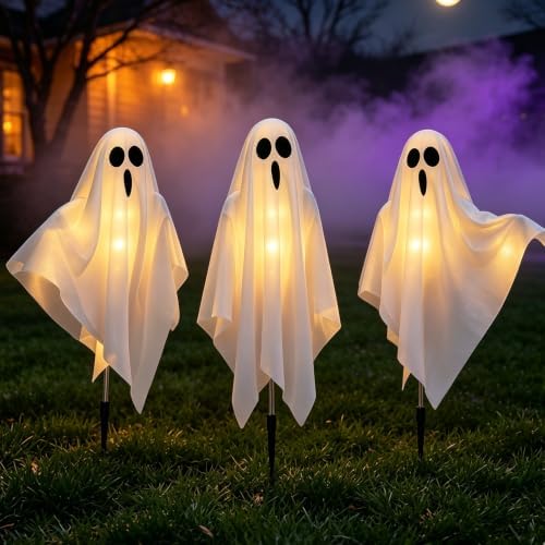 3-Pack & Solar Powered Ghost Halloween Decorations Outdoor, Auto On/Off