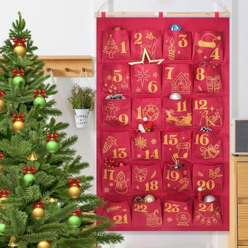 HOWAF Red Gold Fabric Christmas Advent Calendar with Pockets (Countdown to Christmas), 24 Days Mystery Christmas Countdown Calendar for Xmas Holiday Home Wall Decoration