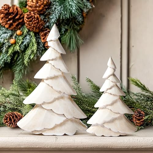 RM ROOMERS Wooden Christmas Tree Figurine Set of 2, White Tree Figurines