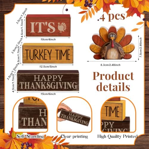 Lineshading 4 Pcs Fall Table Decor, Thanksgiving Turkey Time Wooden Signs
